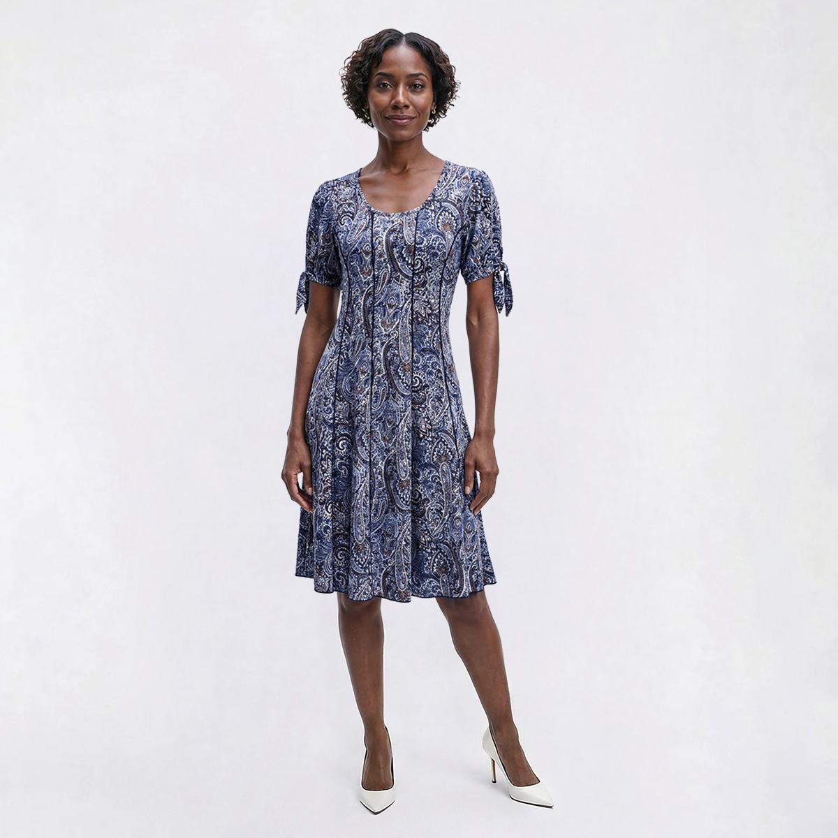 Womens Sami & Jo Short Puff Tie Sleeve Paisley A-Line Dress
