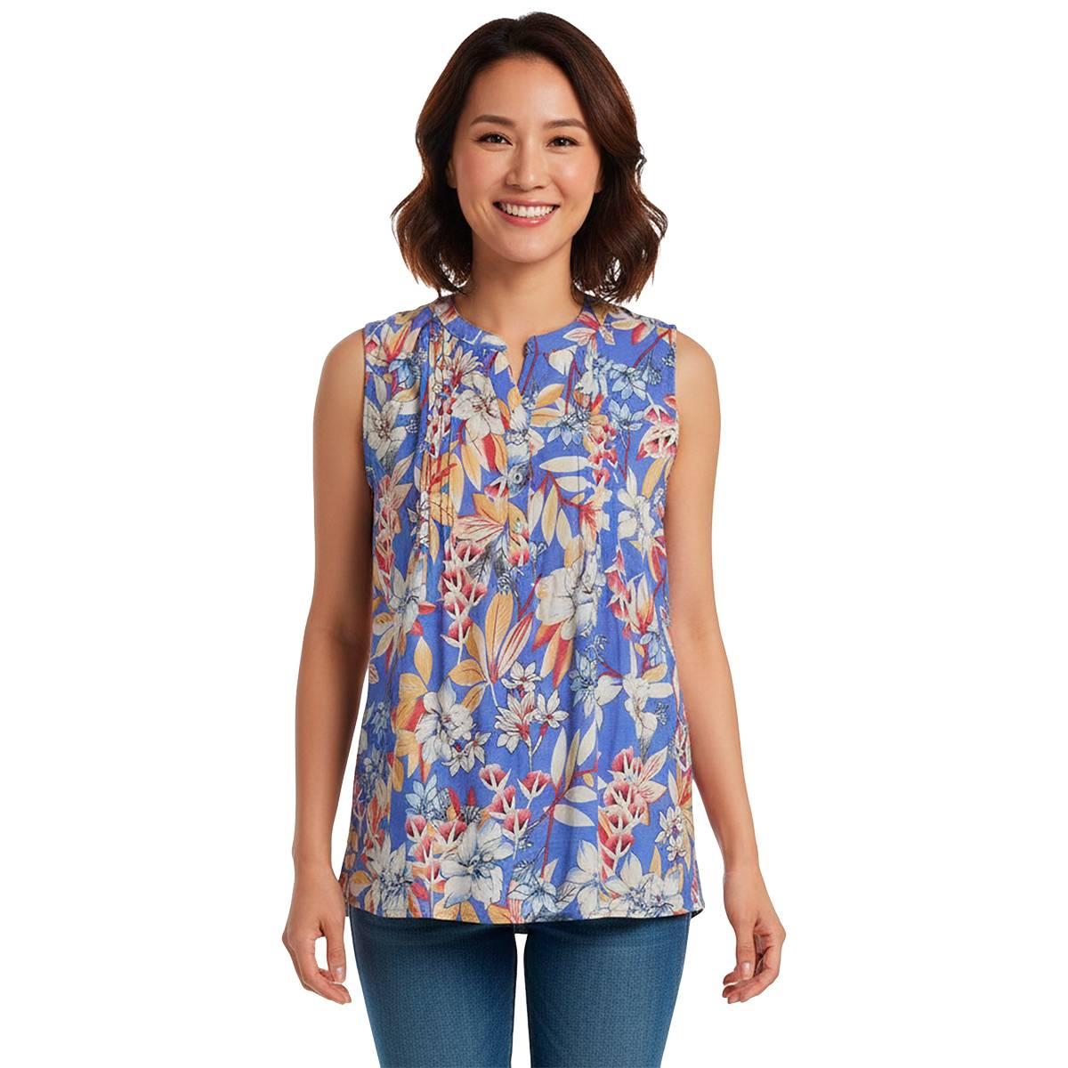 Womens Notations Sleeveless Floral Pleat Button Front Blouse