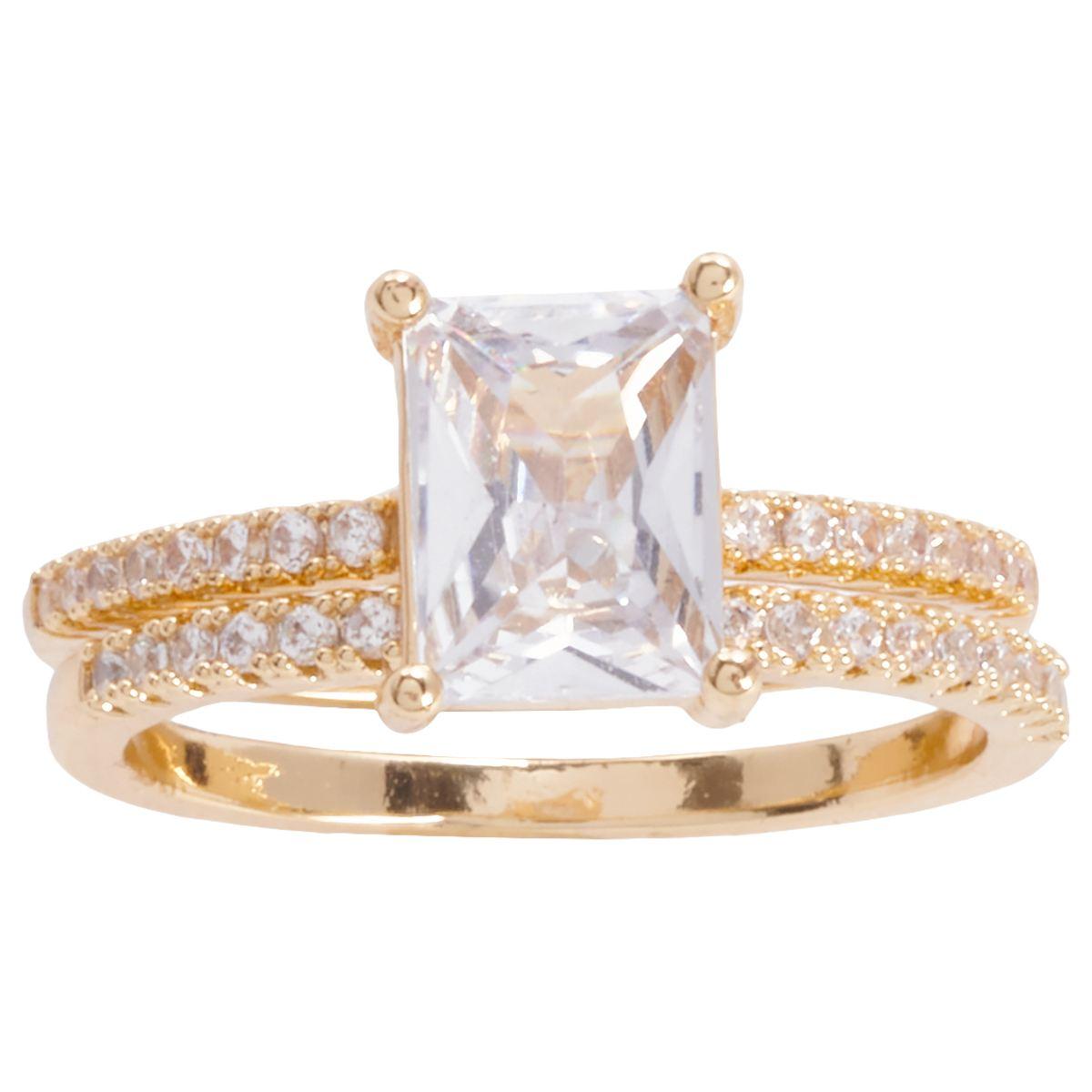 Ashley Cooper(tm) Gold-Tone Emerald Cut CZ Pave Band Bridal Set