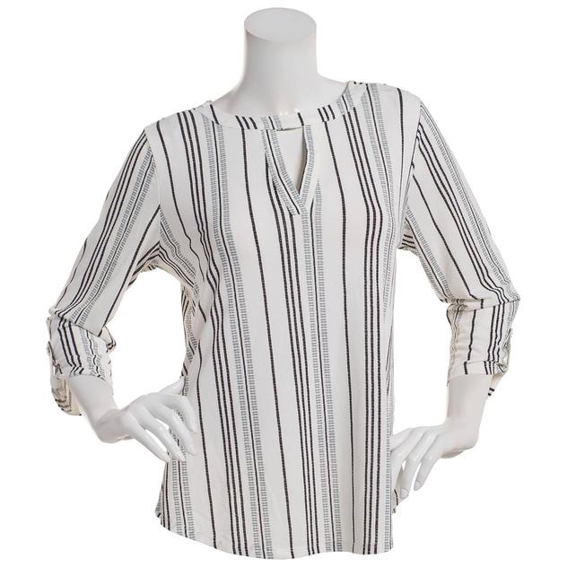 Womens Cure 3/4 Faux Roll Tab Sleeve Keyhole Striped Blouse