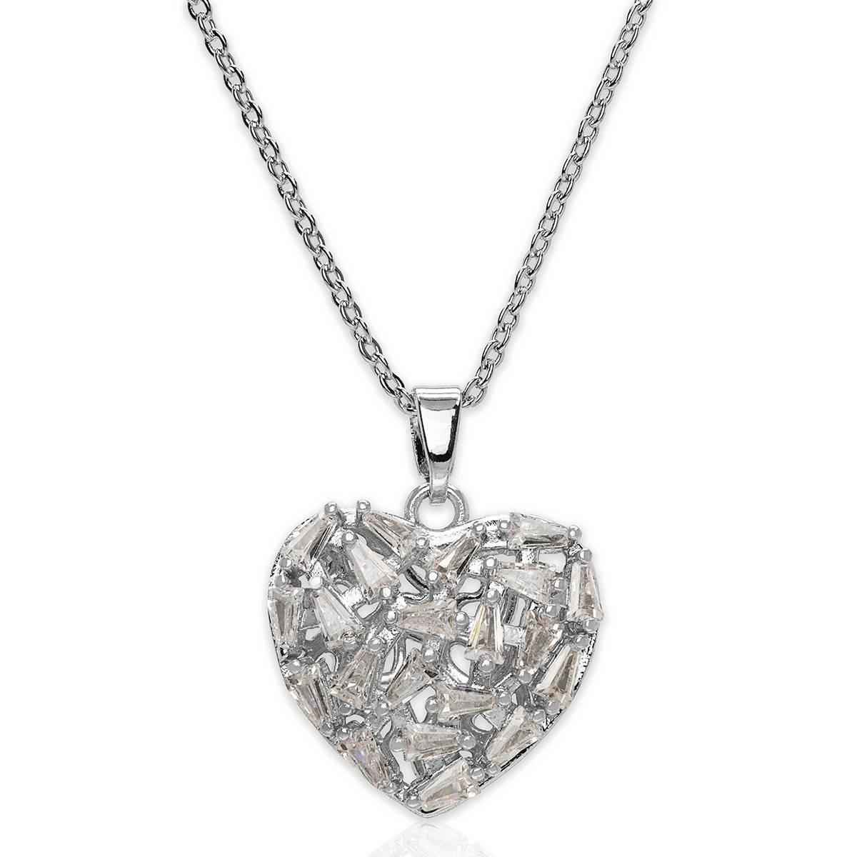 Silver Plated Baguette Chunky Heart Pendant Necklace