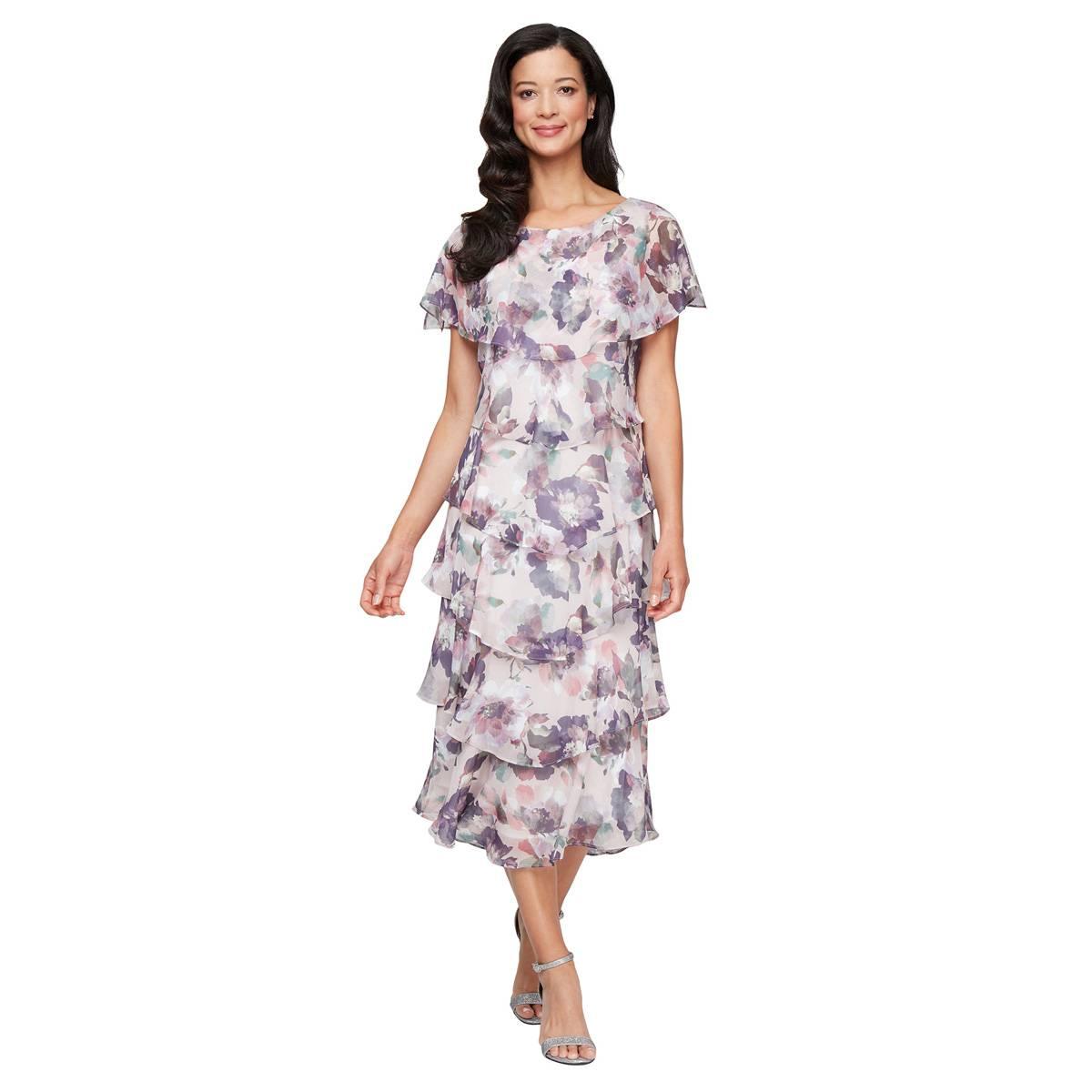 Petite SLNY Floral Print Chiffon Tier Tea Length Dress