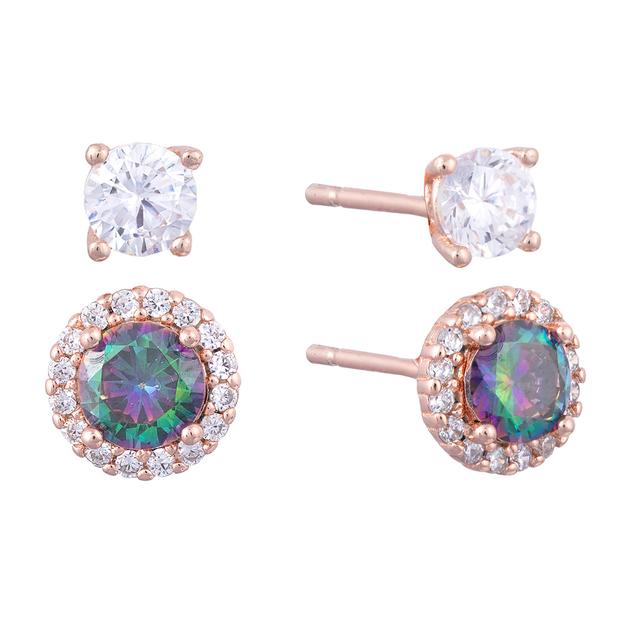 Athra Rose Gold over Silver 2pr. CZ Stud Earrings Set
