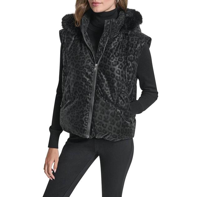 Womens DKNY Sleeveless Leopard Puffer Vest with Fur Hood
