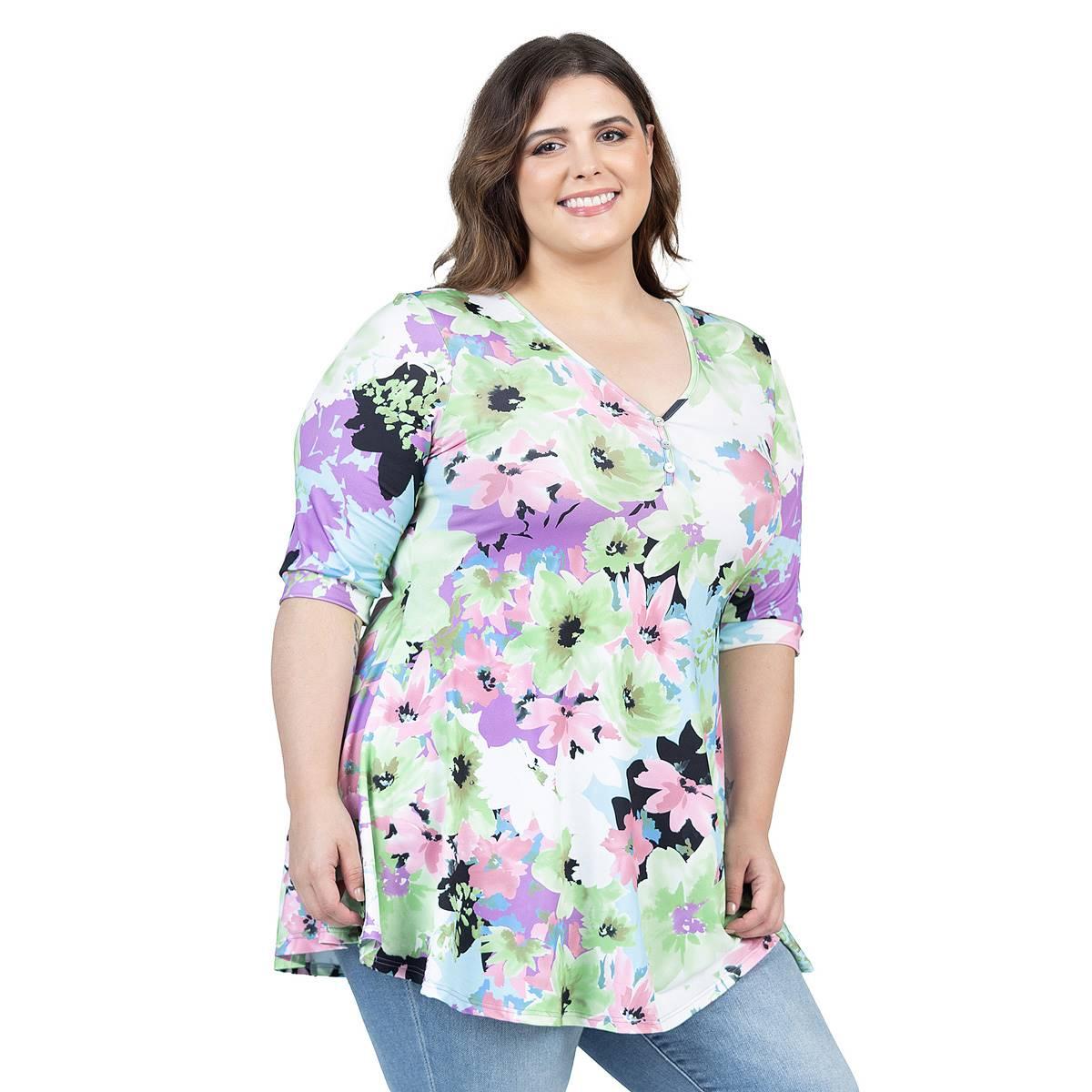 Plus Size 24/7 Comfort Apparel Floral Elbow Sleeve V-Neck Top