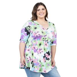Plus Size 24/7 Comfort Apparel Floral Elbow Sleeve V-Neck Top