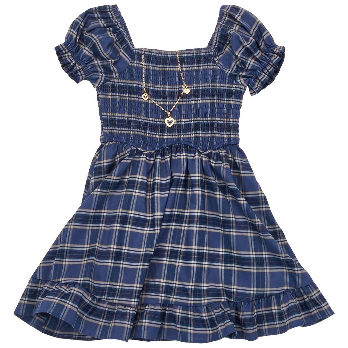 Girls (7-16) Rare Editions Plaid Smocked Dress w/ Necklace