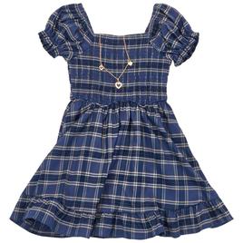Girls (7-16) Rare Editions Plaid Smocked Dress w/ Necklace