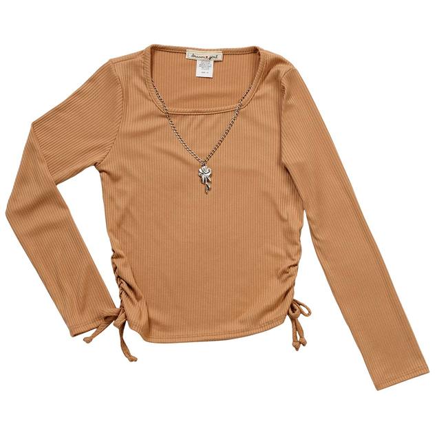 Girls (7-12) Dream Girl Long Sleeve Side Ruched Rose Necklace Tee