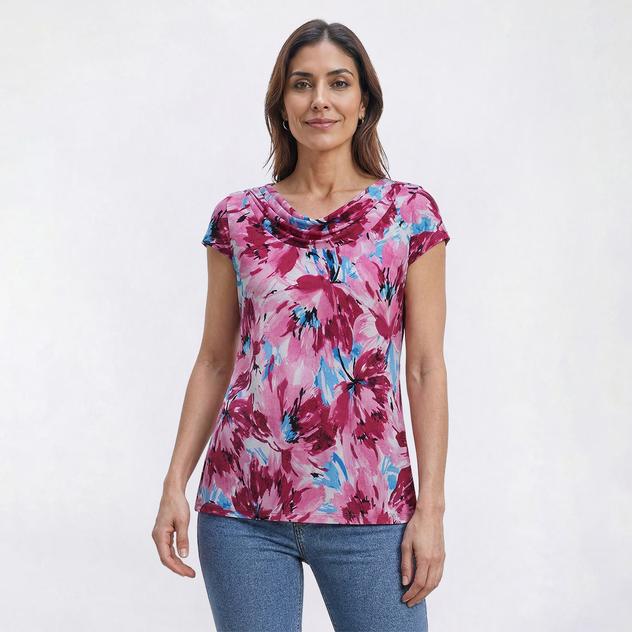 Womens Kasper Cap Sleeve Cowl Neck Abstract Floral Blouse