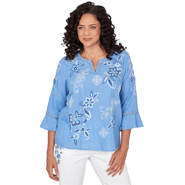 Petite Alfred Dunner Mykonos Split Neck Floral Embroidery Blouse