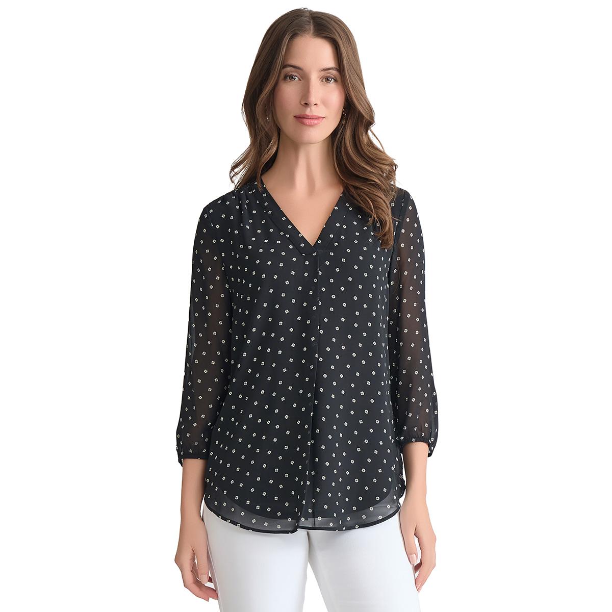 Womens Jones New York Kelly Long Sleeve V-Neck Dot Blouse