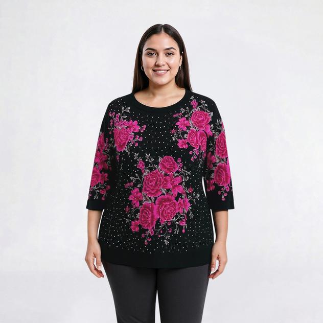 Plus Size Emily Daniels 3/4 Sleeve Rhinestone Yoke Floral Sweater