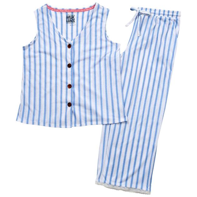 Womens MUK LUKS® Stripe Crinkle Knit Lace Trim Capri Pajama Set
