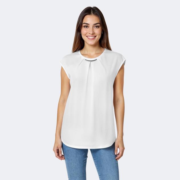 Womens Kasper Cap Sleeve Pleated Neck w/Metal Bar Blouse