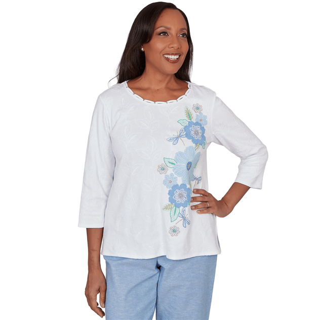 Petite Alfred Dunner Caribbean Blues Dragonfly Floral Blouse