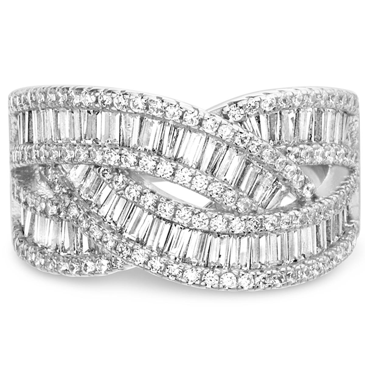 Brass Silver Crossover Baguette Cubic Zirconia Ring