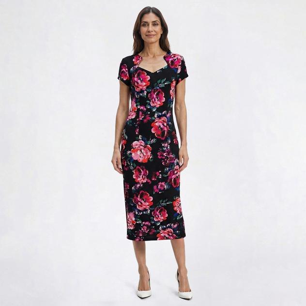 Womens Connected Apparel Short Sleeve Floral Crepe Sheath Dress