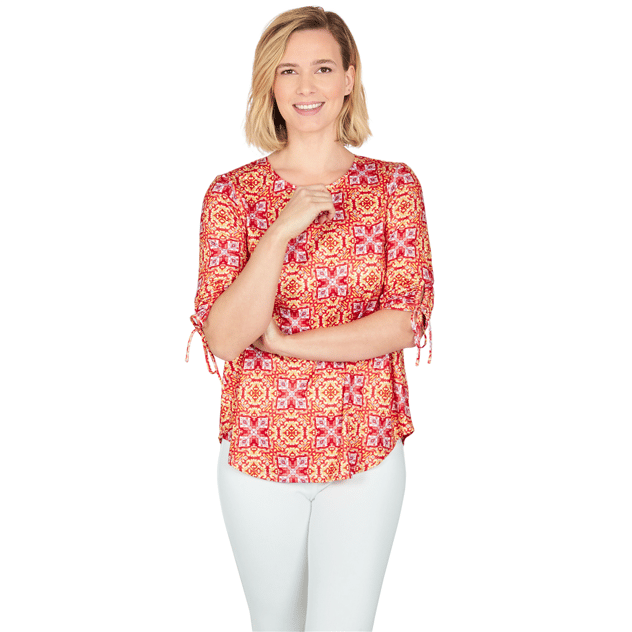 Womens Larky Lark Ruch Elbow Sleeves Medallion Blouse