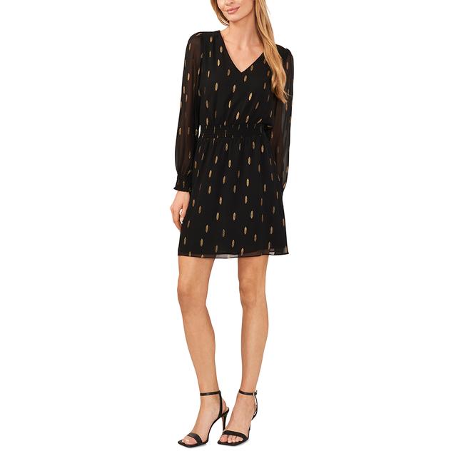 Petite MSK Long Sleeve V Neck Foil Dot A-Line Dress