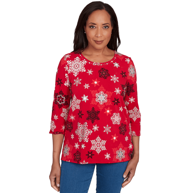 Womens Alfred Dunner Classics Pleated Snowflake Blouse