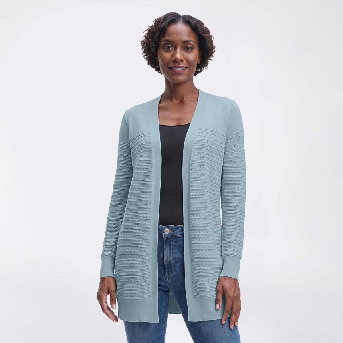 Womens 89th & Madison Long Sleeve Pointelle Stripe Solid Cardigan