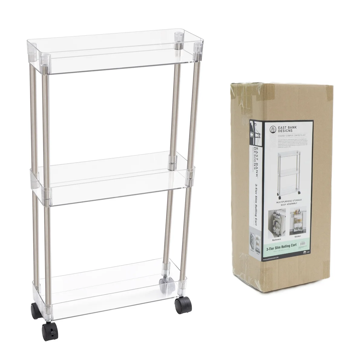 J&V Textiles Chrome Slim Clear Acrylic 3 Tier Cart