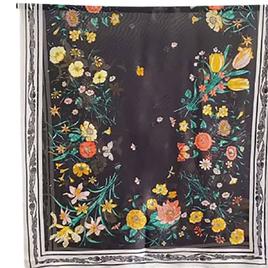 Womens Renshun Floral with Border Silk Oblong Scarf - Black