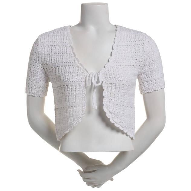 Juniors No Comment Short Sleeve Crochet Tie Front Shrug