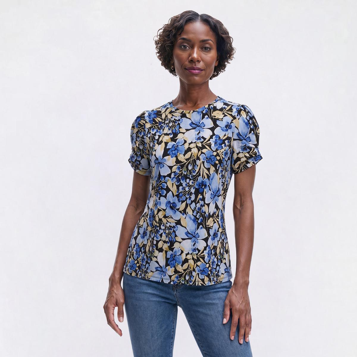 Womens Anne Klein Short Pleated Sleeve Floral Blouse