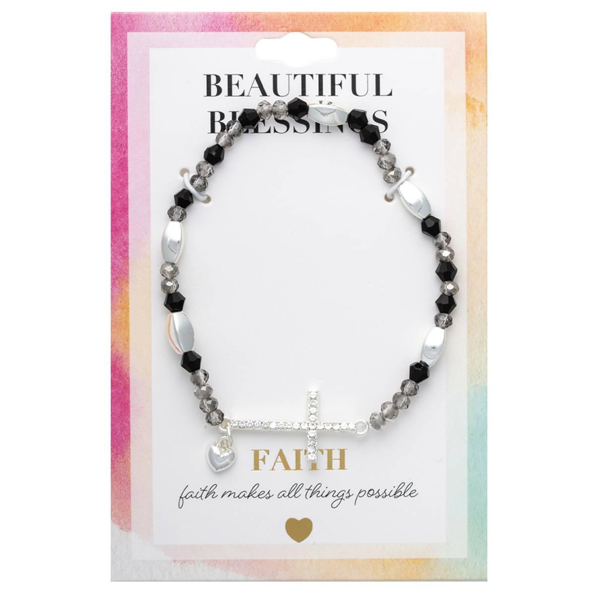 Beautiful Blessings Hematite Jet Stone Stretch Bracelet w/ Cross