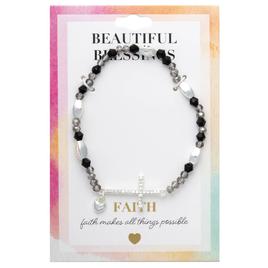 Beautiful Blessings Hematite Jet Stone Stretch Bracelet w/ Cross