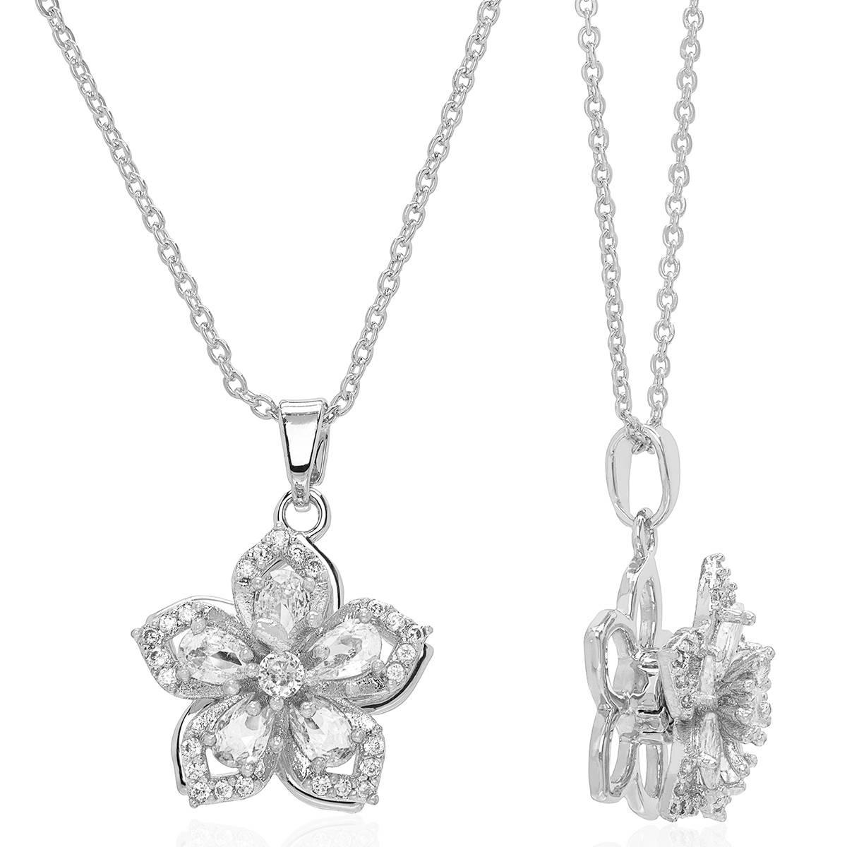 Silver Plated CZ Flower Spinner Pendant Necklace
