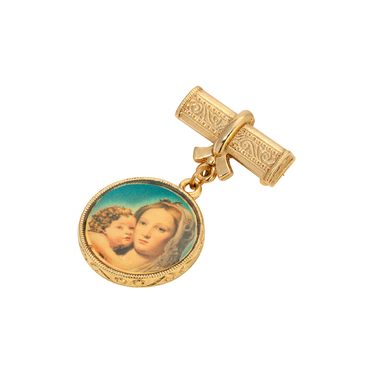 Symbols of Faith Gold Tone Round Mary & Child Decal Pin