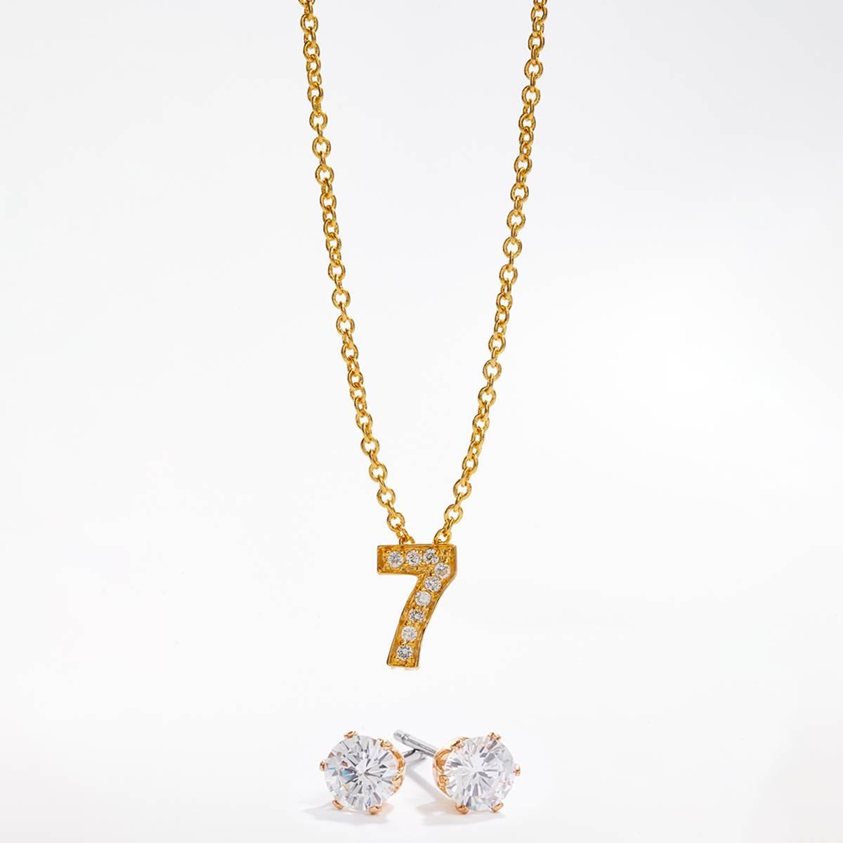 Gold-Tone CZ Lucky Number 7 Pendant & Earring Set