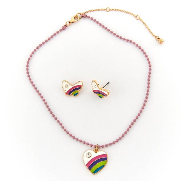 Kids Lil' Ashley Rainbow Heart Pendant & Butterfly Stud Earrings