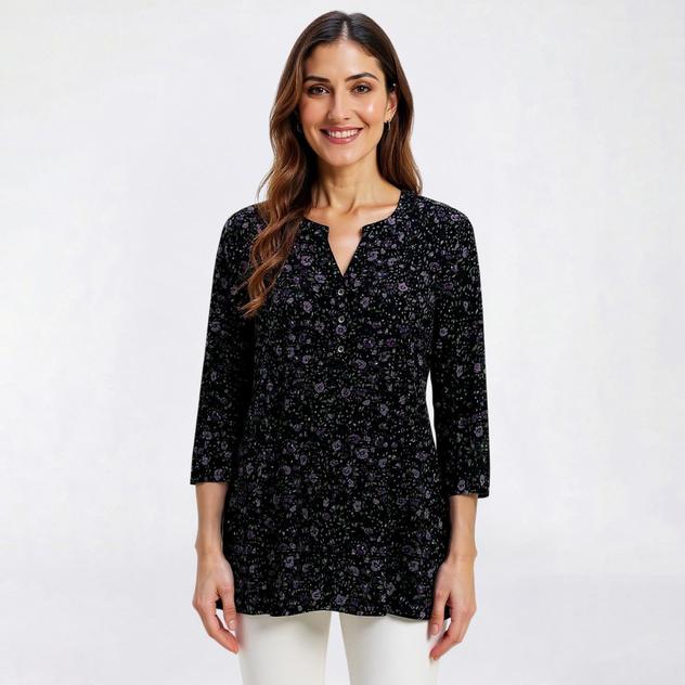 Womens Napa Valley 3/4 Sleeve Abstract Floral Pleat Henley Blouse