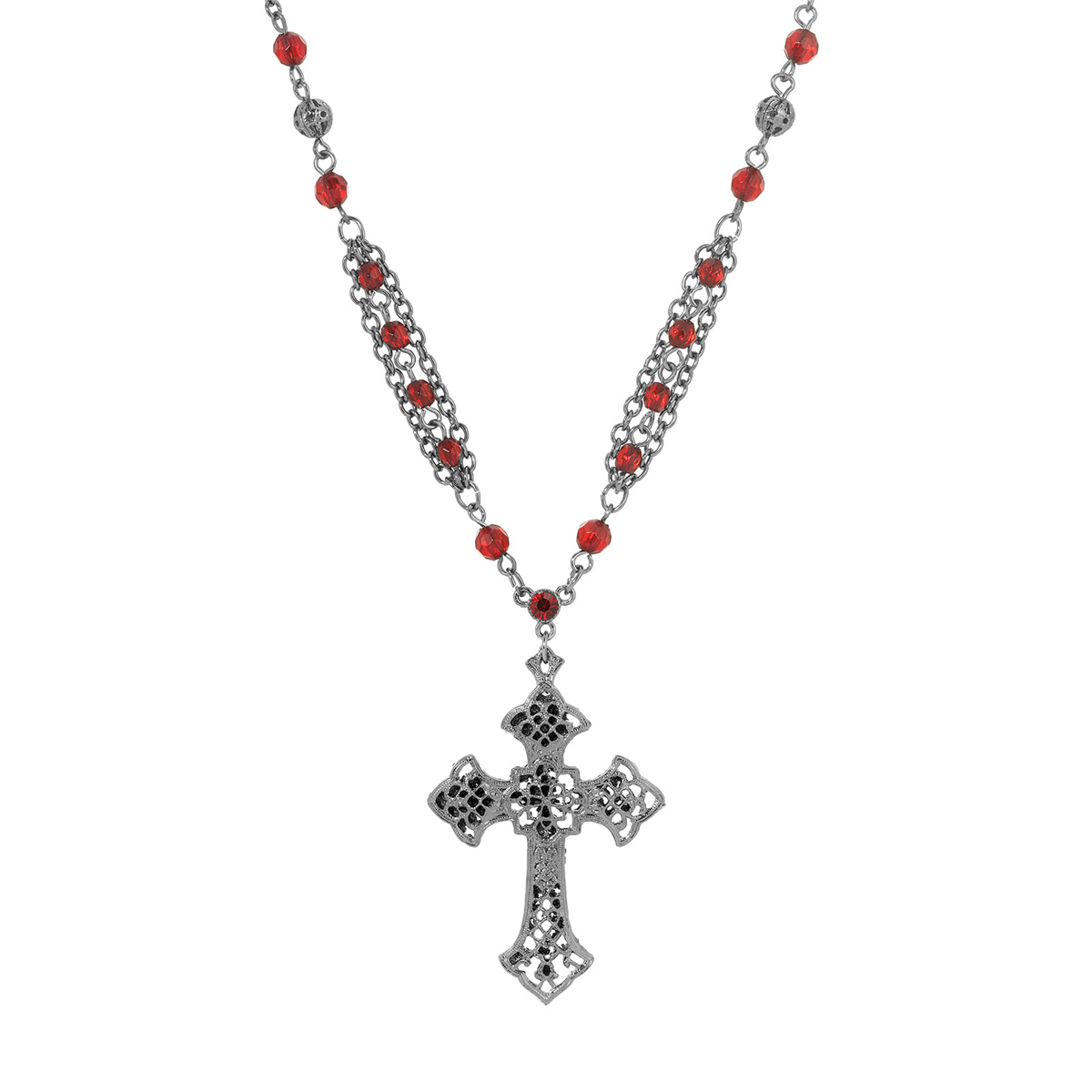 Symbols of Faith Black Tone Cross Red Beaded Chain Necklace