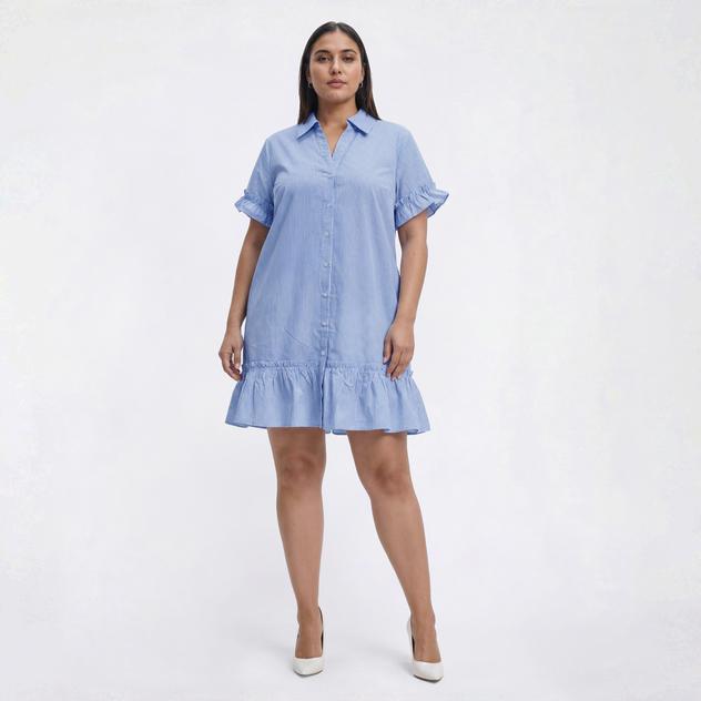 Plus Size Emily Daniels Short Sleeve Ruffle Stripe Shirtdress