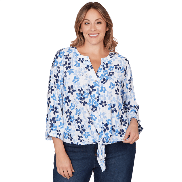 Plus Size Hearts of Palm Smooth Sailing 3/4 Sleeve Floral Blouse