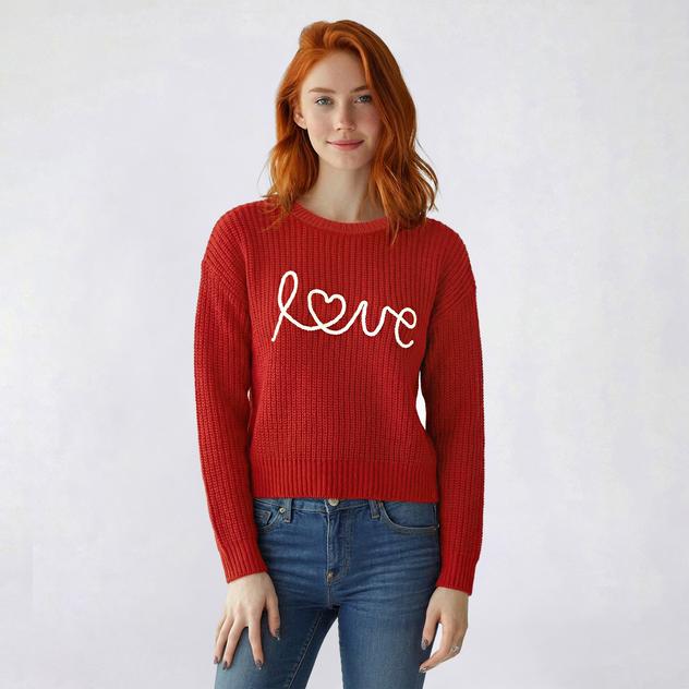 Juniors No Comment Love Script Embroidered Crew Neck Sweater