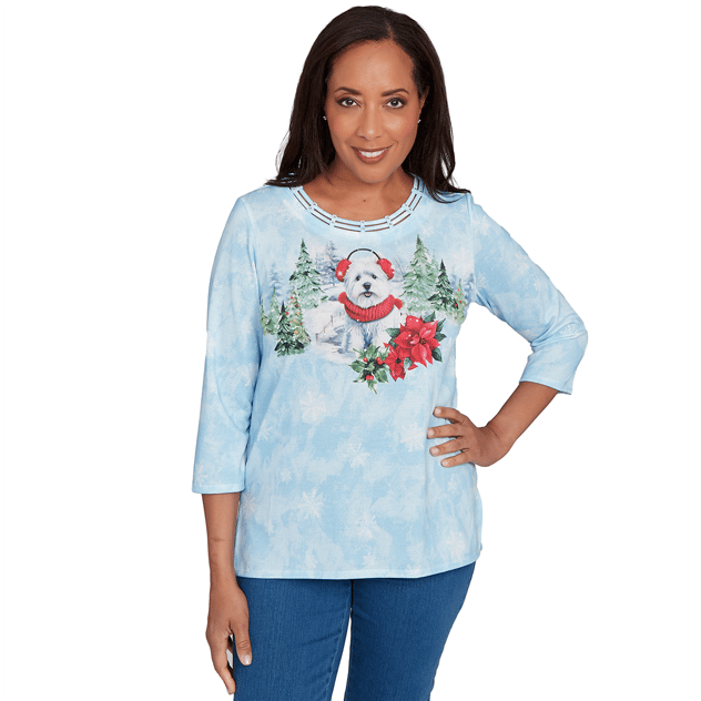 Petite Alfred Dunner Classics 3/4 Sleeve Holiday Dog Blouse