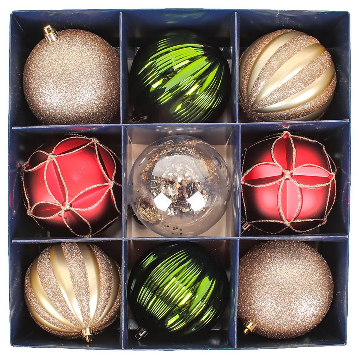 National Tree 13in. Gold, Red, & Green Ball Ornaments - Set of 9