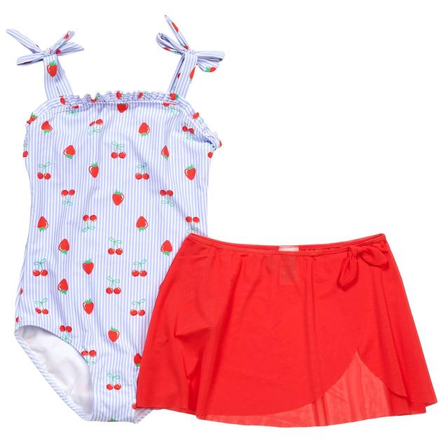 Girls (7-16) Kensie Girl Bow Stripe/Fruit 1pc. Swimsuit & Skirt
