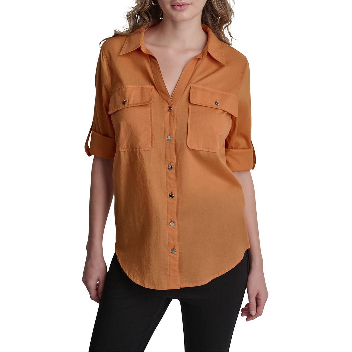 Womens DKNY Roll Tab Sleeve Solid Casual Button Down