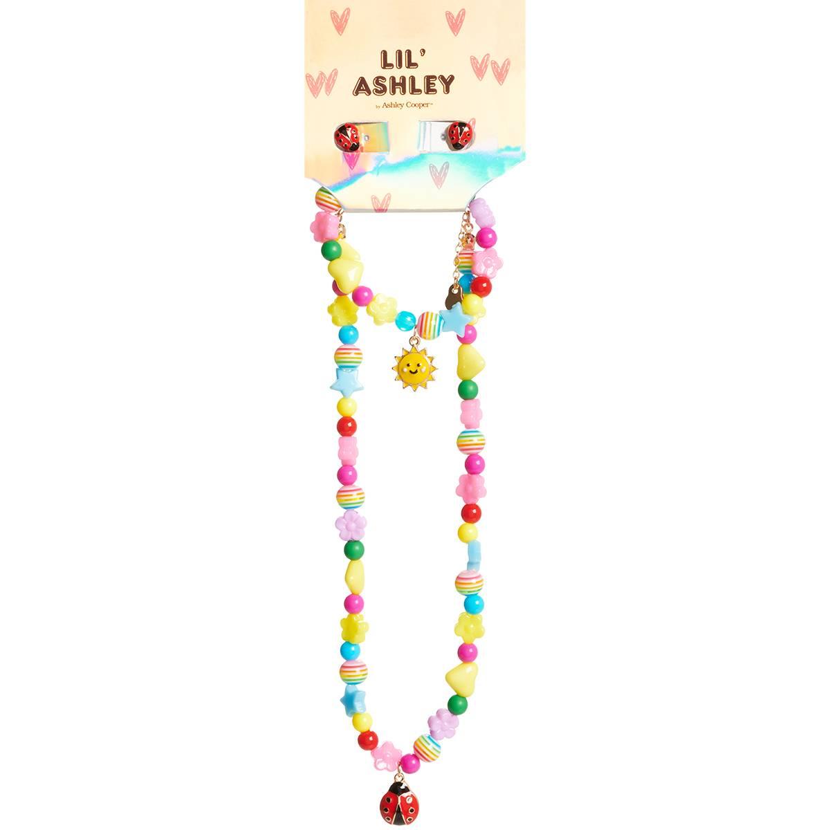 Kids Lil Ashley Flower/Heart Bead Charm Necklace & Earring Set