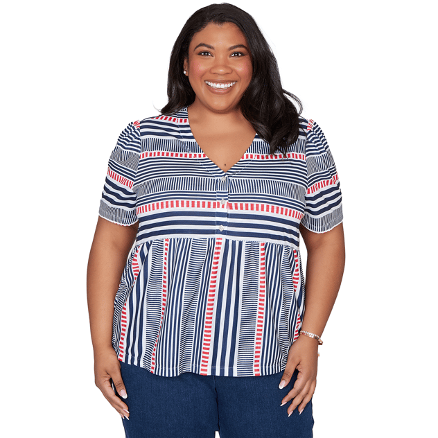 Plus Size Alfred Dunner Port Side V Neck Splice Stripe Blouse