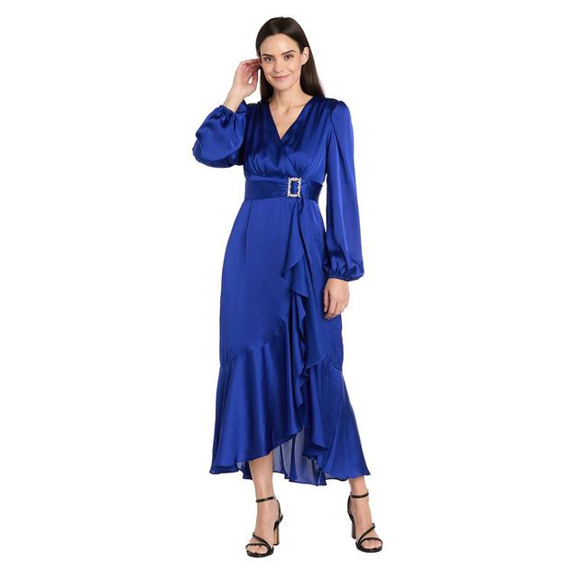 Womens R&M Richards Long Sleeve Satin Faux Wrap Dress