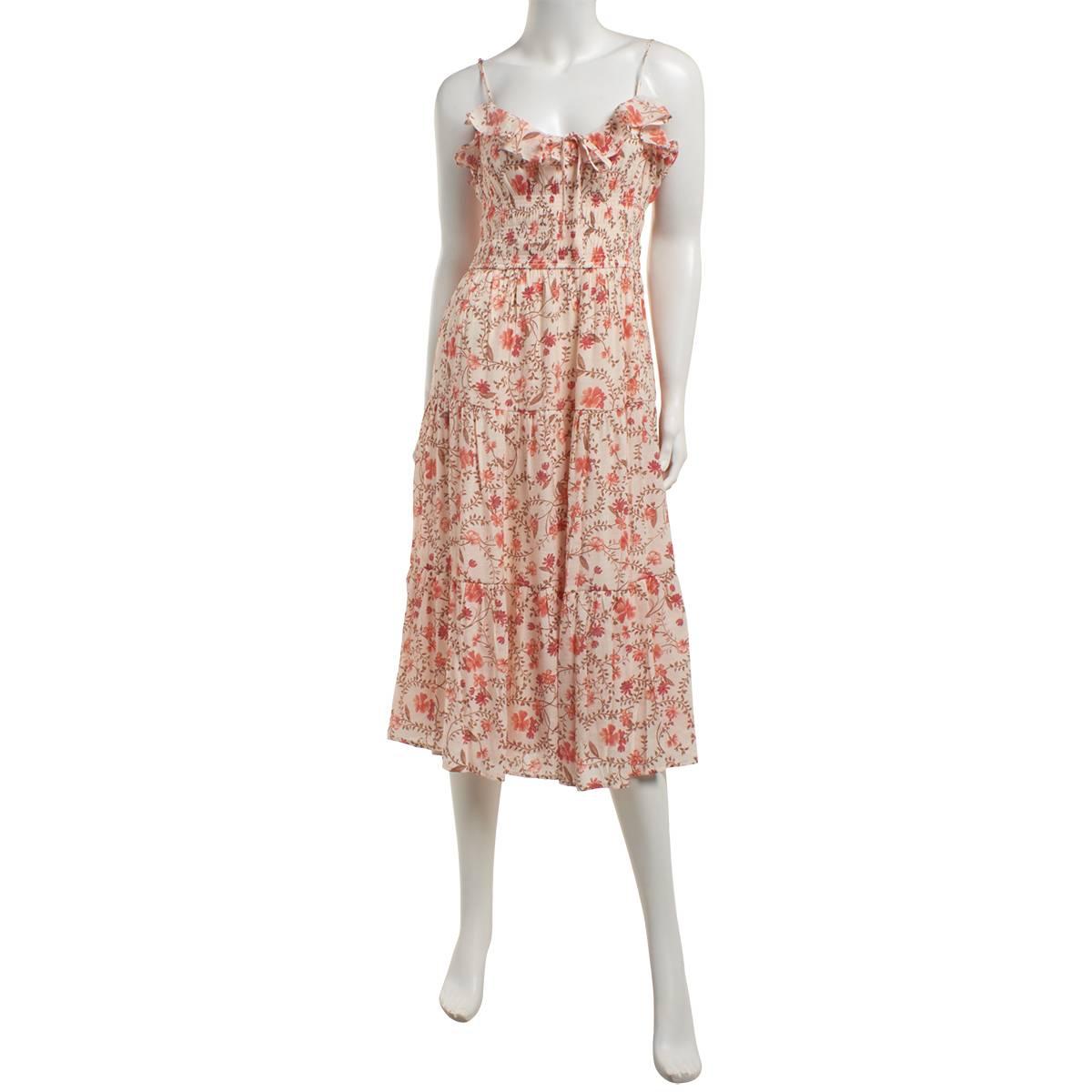 Juniors Trixxi Viney Floral Gauze Smock Ruffle Bodice Midi Dress