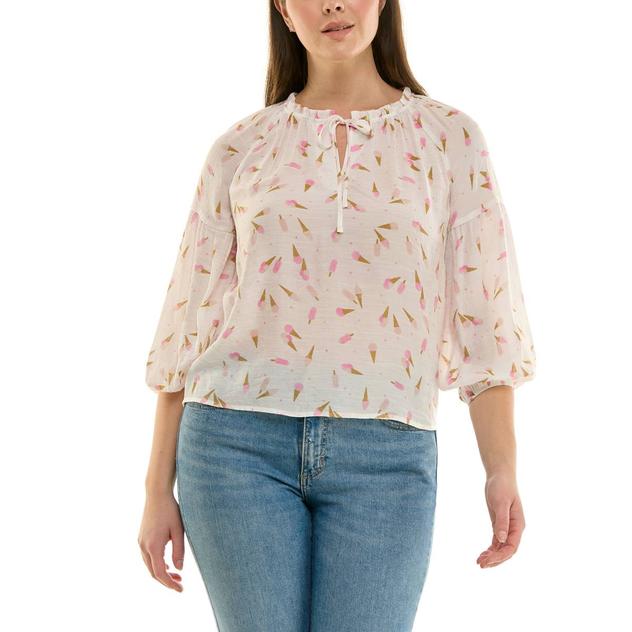 Womens Zac & Rachel 3/4 Sleeve Tie Neck Ice Cream Blouse